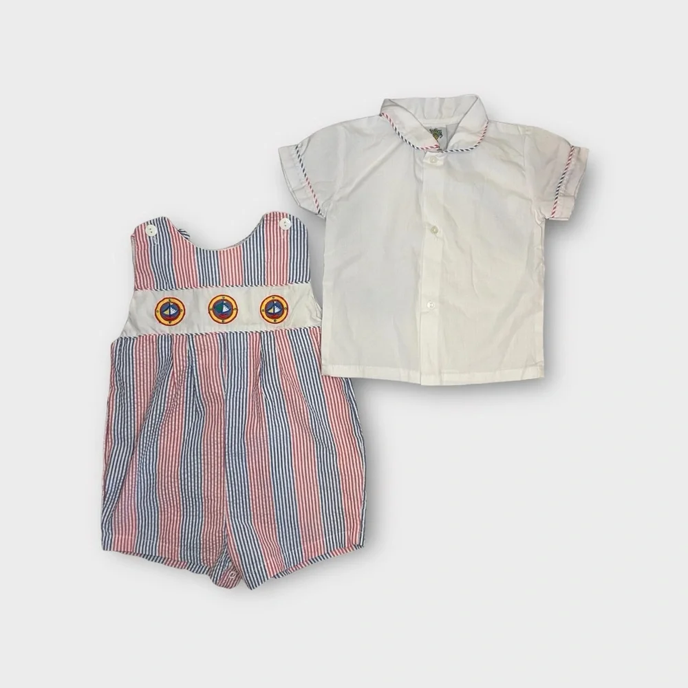 Cuties By Judy Vintage White Polo Top & Boat Patch Pinstripe Romper Outfit
